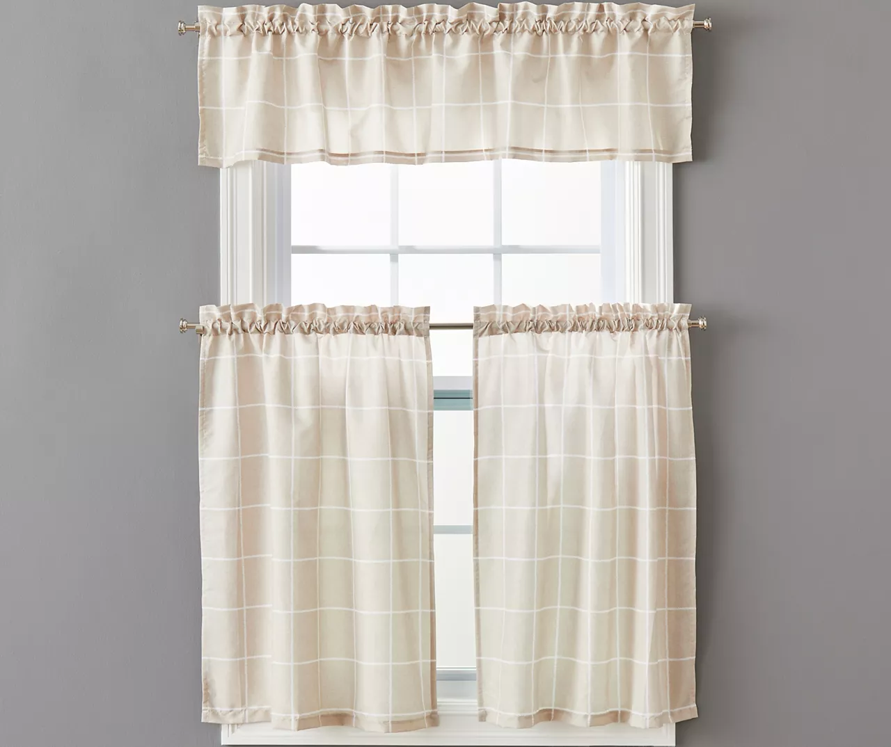 Taupe Ronan Valance & Tier 3-Piece Curtain Set 1 Taupe Ronan Valance & Tier 3-Piece Curtain Set