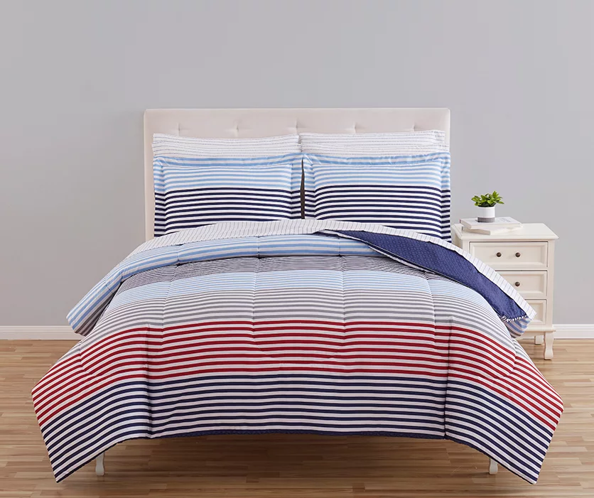Blue & Red Stripe Microfiber King 9-Piece Bed-in-a-Bag Set 1 Blue & Red Stripe Microfiber King 9-Piece Bed-in-a-Bag Set