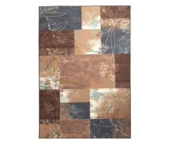 Navy & Brown Illustrated Floral Color Block Area Rug, (5' X 7')
