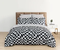 Euphoric Expression Black Wavy Checkerboard Reversible Full 9-Piece Bed-in-a-Bag Set